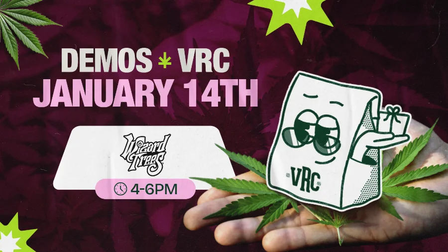 Cannabis brand demo graphic for Vallejo Relief Center featuring Wizard Trees on January 14th from 4 PM to 6 PM, showing the VRC mascot over a hand holding cannabis leaves on a purple background.
