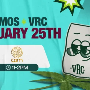Vallejo Relief Center cannabis demo promo featuring CAM on January 25th from 11 AM to 2 PM, with the VRC mascot adjusting sunglasses against a teal cannabis-themed background.