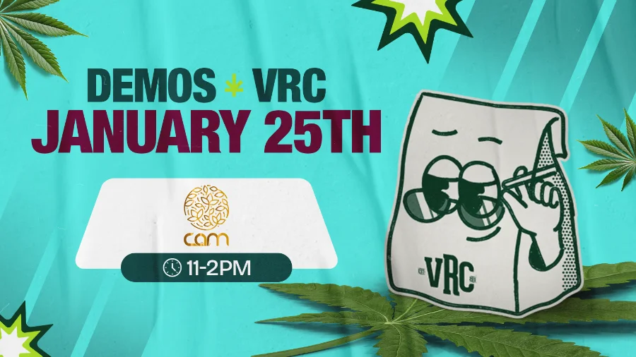 Vallejo Relief Center cannabis demo promo featuring CAM on January 25th from 11 AM to 2 PM, with the VRC mascot adjusting sunglasses against a teal cannabis-themed background.