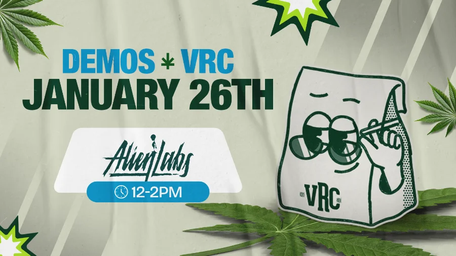 Vallejo Relief Center demo promo featuring Alien Labs on January 26th from 12 PM to 2 PM, showing the VRC mascot adjusting sunglasses with cannabis leaf accents.