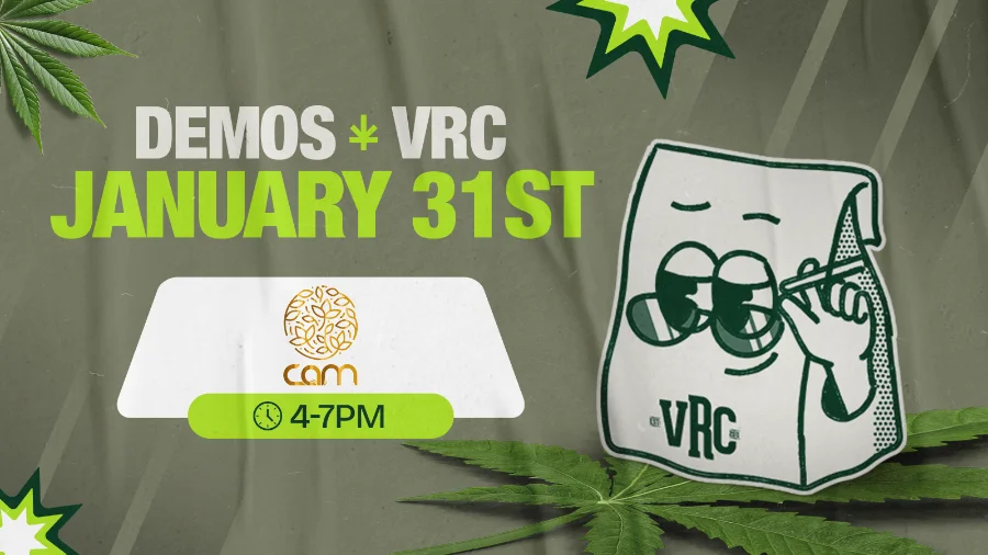 Vallejo Relief Center cannabis demo promo featuring CAM on January 31st from 4 PM to 7 PM, with the VRC mascot adjusting sunglasses over cannabis leaves on a muted green background.