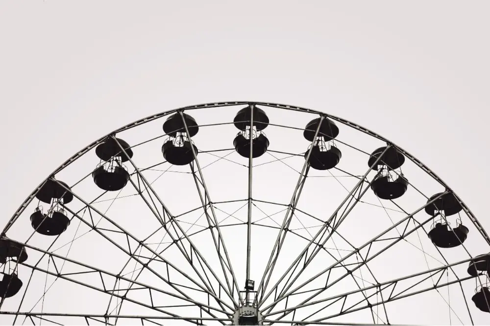 Low-angle view of a large Ferris wheel against a pale sky, emphasizing its metal structure and circular shape.