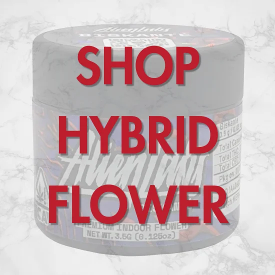 Cannabis flower jar with bold red text reading ‘Shop Hybrid Flower’ over a semi-transparent product container on a light marble background.