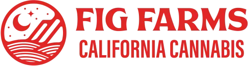 Fig Farms California Cannabis logo in red, with a round emblem showing a crescent moon, stars, and rolling farm rows