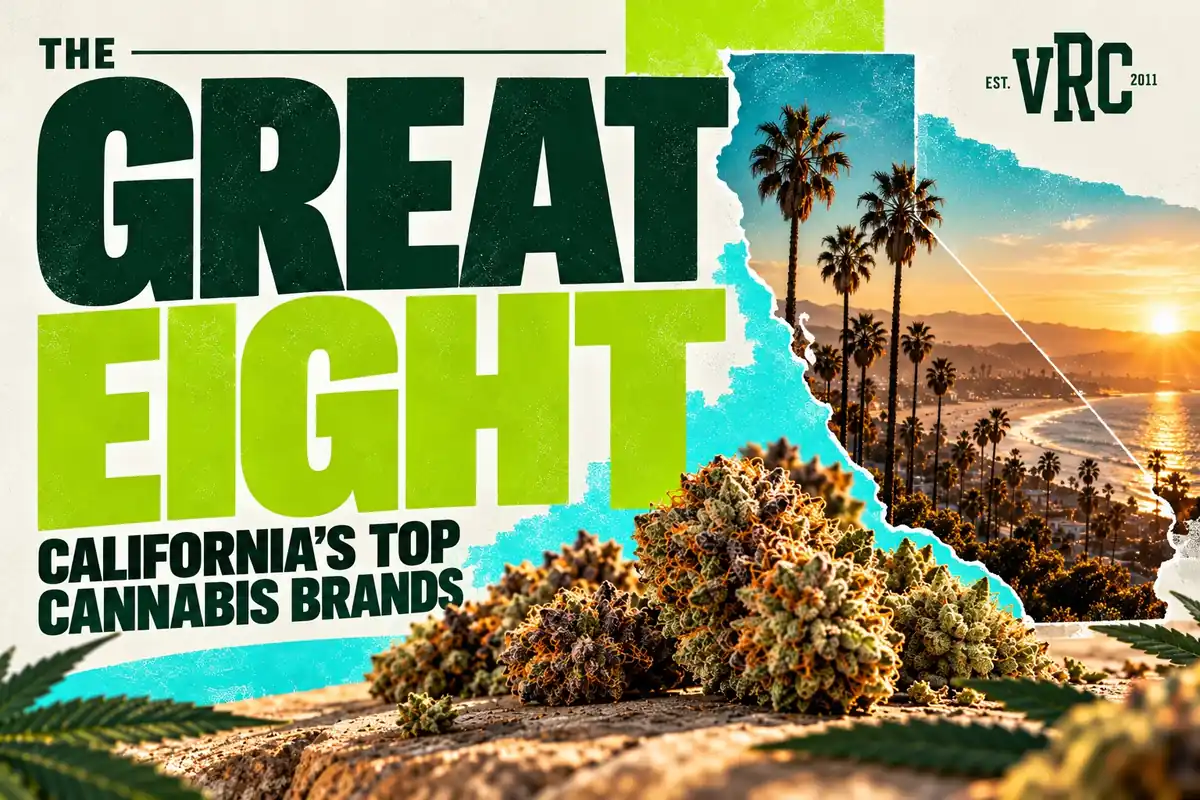 Dense cannabis buds in front of a California state outline filled with a palm-lined beach at sunset, for Vallejo Relief Center’s guide to the state’s top cannabis brands