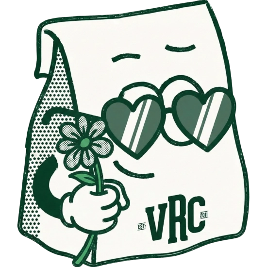 The official mascot of Vallejo Relief Center called "Baggie" wearing heart-shaped sunglasses and holding a flower for Valentine's Day.