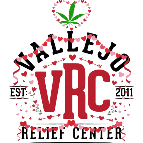 The official logo of Vallejo Relief Center decorated for Valentine's Day with heart banderitas scattered throughout the logo.