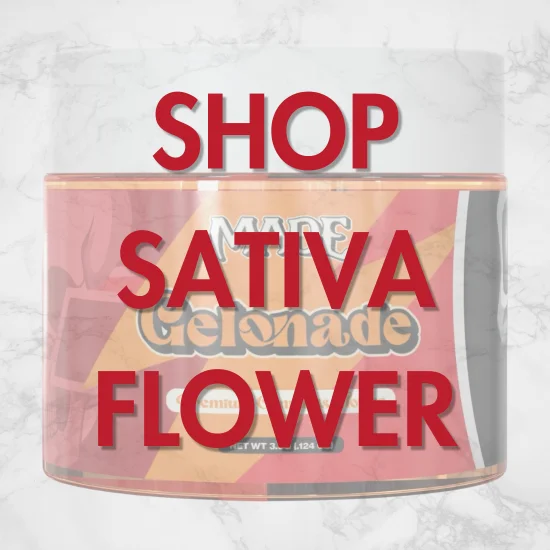 Promotional graphic reading ‘Shop Indica Flower’ in bold red text over a Fig Farms cannabis flower package on a light marble background.