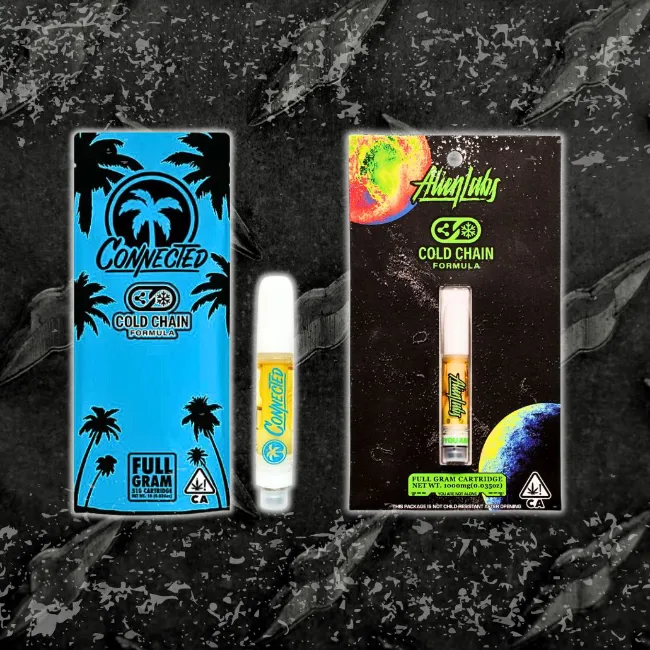 Connected and Alien Labs Cold Chain Formula 510 cartridges. Full gram vape cartridges featuring 1000mg of extract. Graphic shows blue palm tree packaging for Connected and space-themed packaging for Alien Labs.