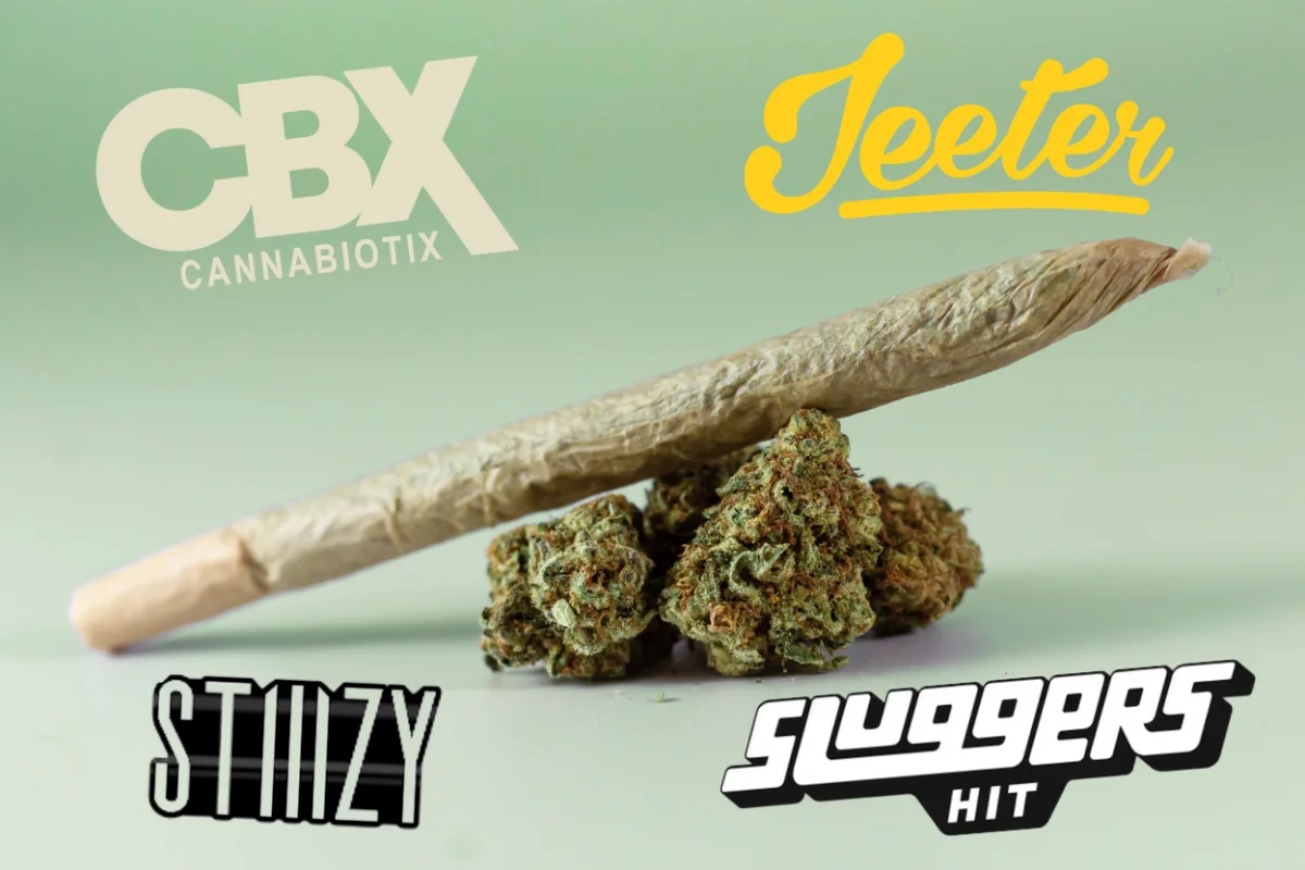 Close-up of a cannabis pre-roll resting on flower buds with brand logos including CBX Cannabiotix, Jeeter, STIIIZY, and Sluggers Hit on a green background.