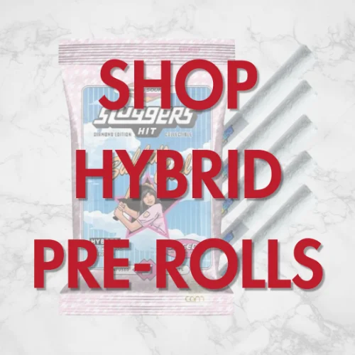 Promotional graphic reading ‘Shop Hybrid Pre-Rolls’ in bold red text over a hybrid pre-roll package and three rolled joints on a light marble background.