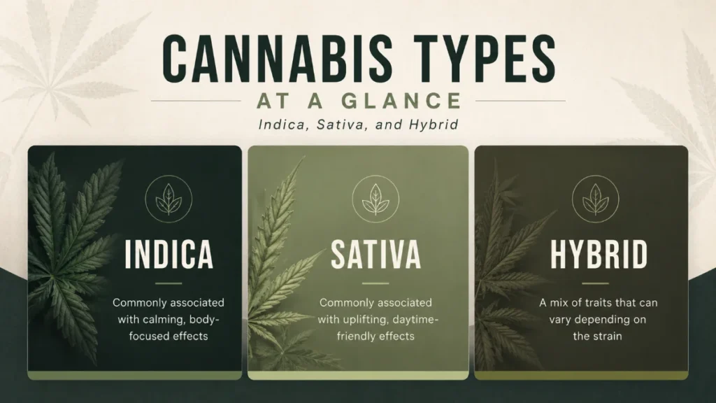 Cannabis types explained for the cannabis for beginners article including indica, sativa, and hybrid strains with common effects at Vallejo Relief Center
