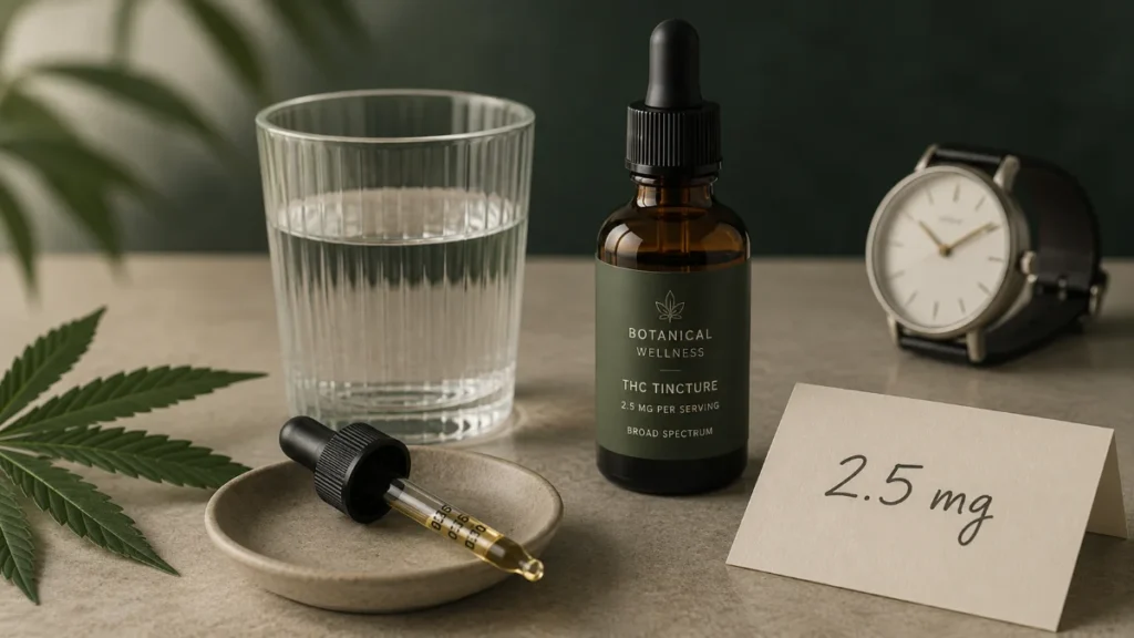 Low-dose cannabis guide for beginners showing 2.5mg THC tincture serving recommendations and safe cannabis consumption tips