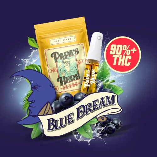 Papa’s Herb Blue Dream vape cartridge with blueberry graphics and 90%+ THC label.