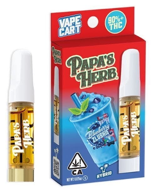 Papa’s Herb Blueberry Zlushie cannabis vape cartridge with product box and blueberry drink illustration.