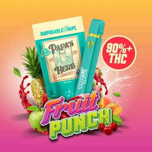 Papa’s Herb Fruit Punch disposable vape with tropical fruit graphics and 90%+ THC label.