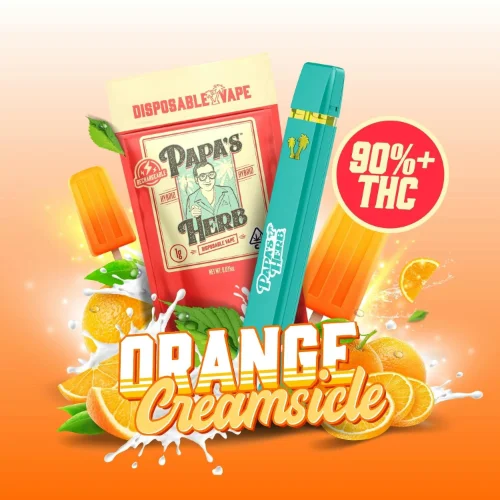 Papa’s Herb Orange Creamsicle disposable vape with orange slices and popsicle graphics and 90%+ THC label.