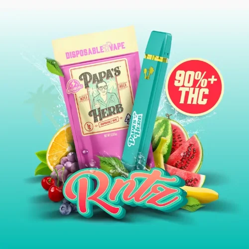 Papa’s Herb Rntz disposable cannabis vape with fruit illustrations and 90%+ THC label.