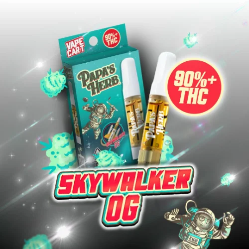 Papa’s Herb Skywalker OG cannabis vape cartridge with packaging and 90%+ THC label.