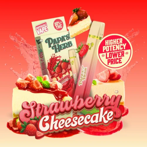 Papa’s Herb Strawberry Cheesecake disposable vape with strawberry and cheesecake visuals and high potency label.