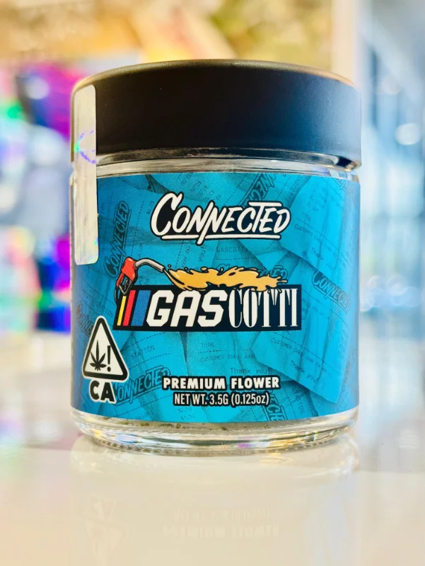Connected Gascotti premium cannabis flower 3.5g jar, top shelf gassy cookie strain displayed inside Vallejo dispensary.
