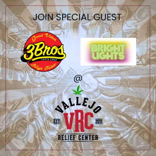 Promotional flyer for 3BROS and Bright Lights at Vallejo Relief Center, showcasing live product demos from the brands.