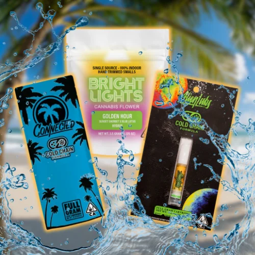 Cannabis product display featuring Bright Lights Golden Hour flower, Connected Cold Chain cartridge, and Alien Labs Cold Fire vape, styled with tropical background and splashing water effects.