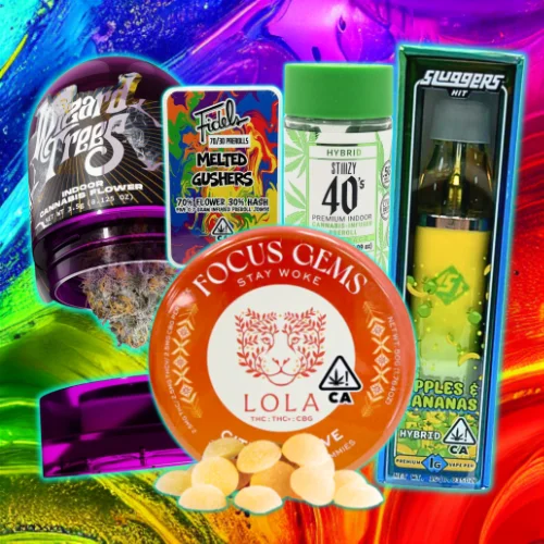 Colorful cannabis product display featuring Wizard Trees flower jar, Fidel’s Melted Gushers concentrate, STIIIZY 40’s blunt, Sluggers Hit vape cartridge, and Lola Focus Gems gummies against a vibrant rainbow background.