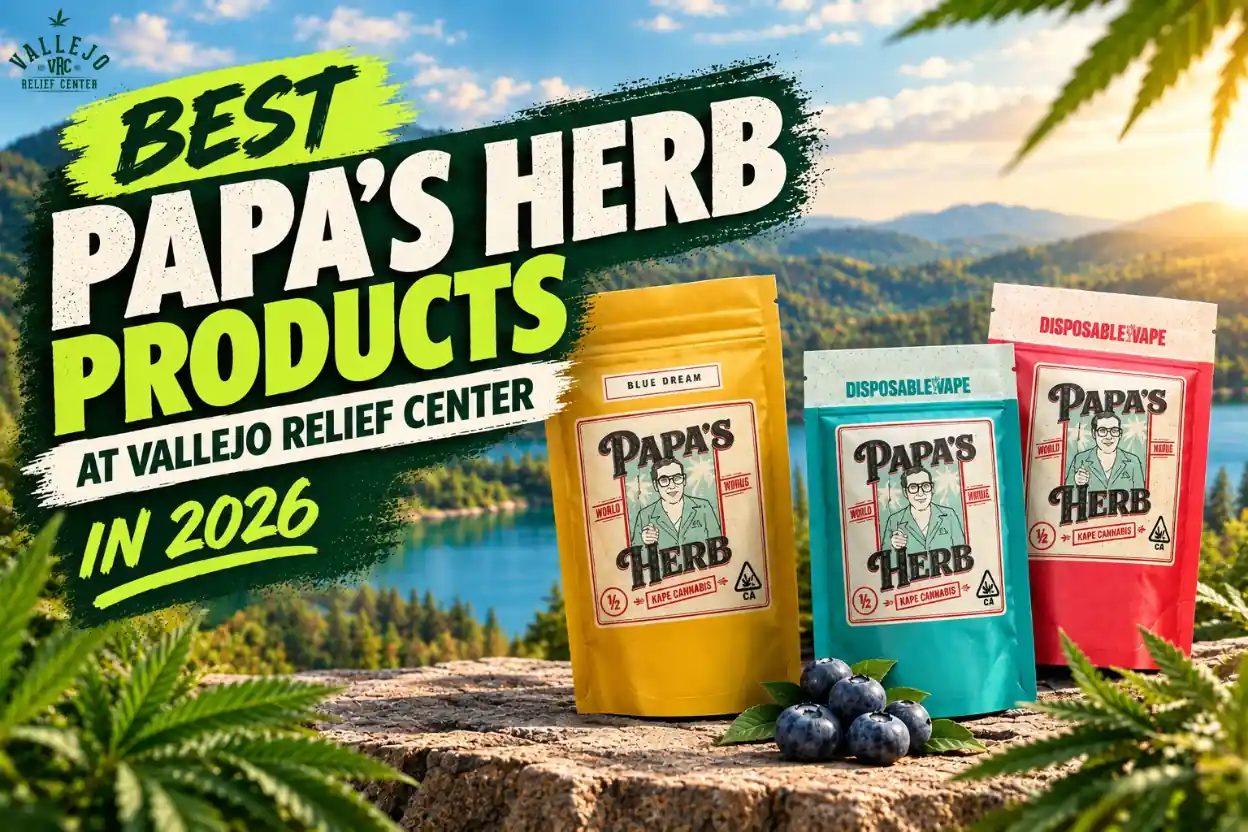 vrc-best-papas-herb-products-2026-hero-image Three Papa’s Herb pouches in yellow, teal, and red with blueberries on a rock overlooking a forested lake, for VRC’s best Papa’s Herb products of 2026