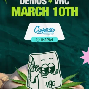 Vallejo Relief Center demo event featuring Connected on March 10 from 11AM–2PM with the VRC mascot and cannabis leaf graphics.