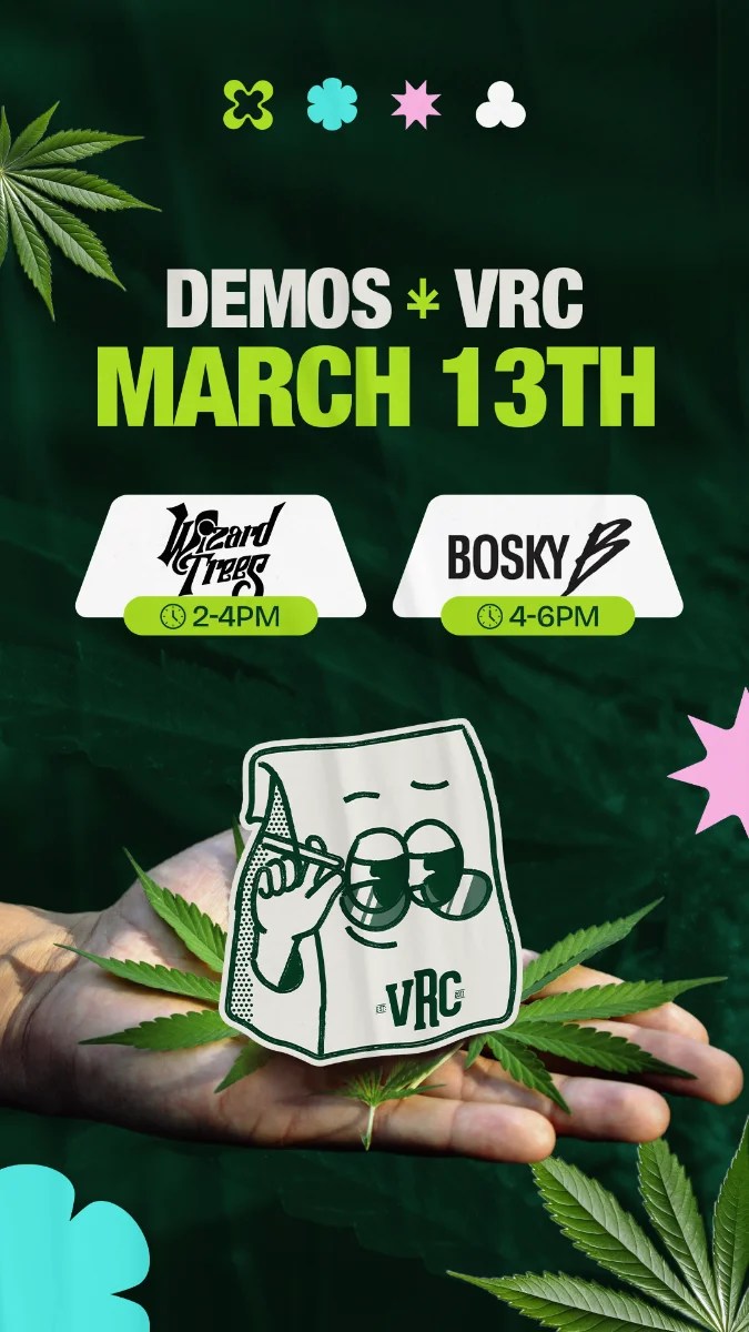Vallejo Relief Center demo event featuring Bosky on March 13 from 4–6PM and Wizard Trees from 2-4PM with the VRC mascot and cannabis leaf graphics.