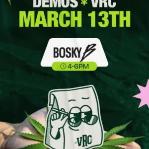Vallejo Relief Center demo event featuring Bosky on March 13 from 4–6PM with the VRC mascot and cannabis leaf graphics.