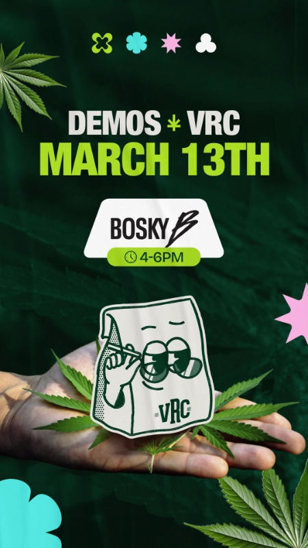 Vallejo Relief Center demo event featuring Bosky on March 13 from 4–6PM with the VRC mascot and cannabis leaf graphics.