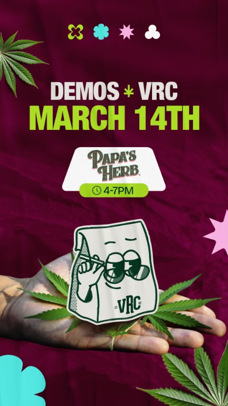 Vallejo Relief Center demo event featuring Papa’s Herb on March 14 from 4–7PM with the VRC mascot and cannabis leaf graphics.