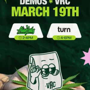 Vallejo Relief Center demo event featuring Alien Labs on March 17 from 2–4PM and Turn from 4-6PM with the VRC mascot and cannabis leaf graphics.