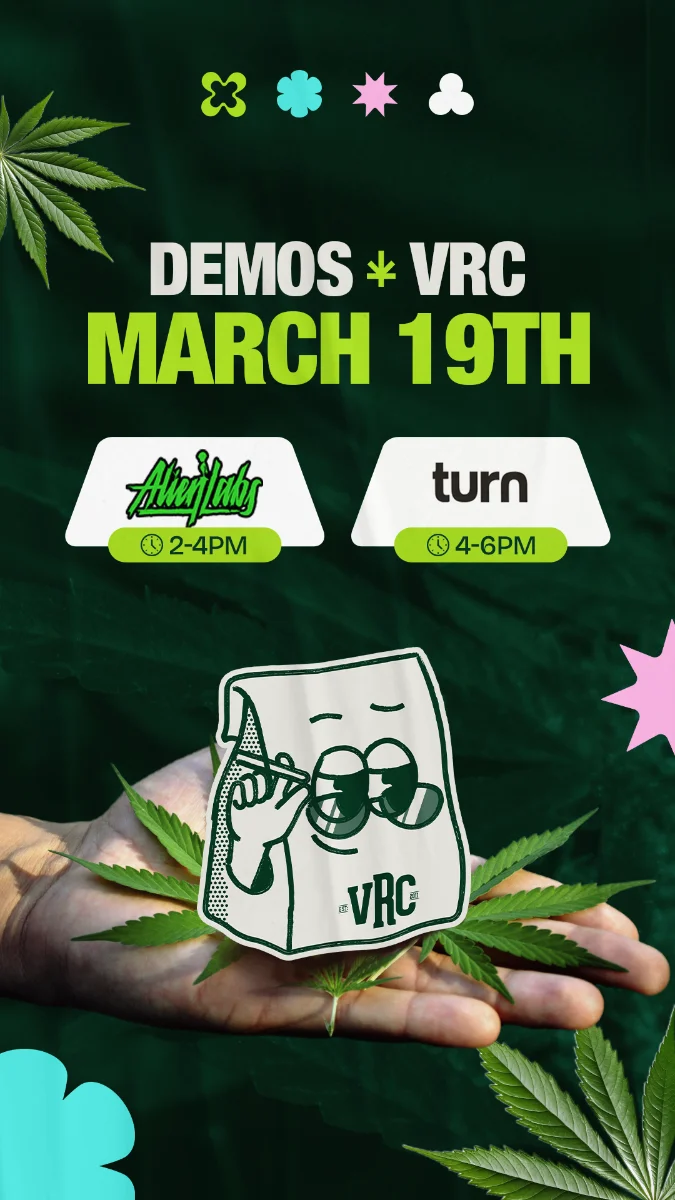 Vallejo Relief Center demo event featuring Alien Labs on March 17 from 2–4PM and Turn from 4-6PM with the VRC mascot and cannabis leaf graphics.