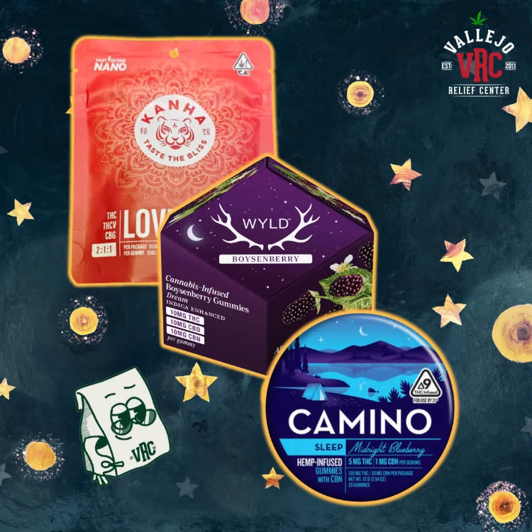 vrc-landing-page-edibles-highlight-products Featured cannabis edibles at Vallejo Relief Center including Kanha Nano Raspberry Rose, Wyld Boysenberry, and Camino Midnight Blueberry gummies