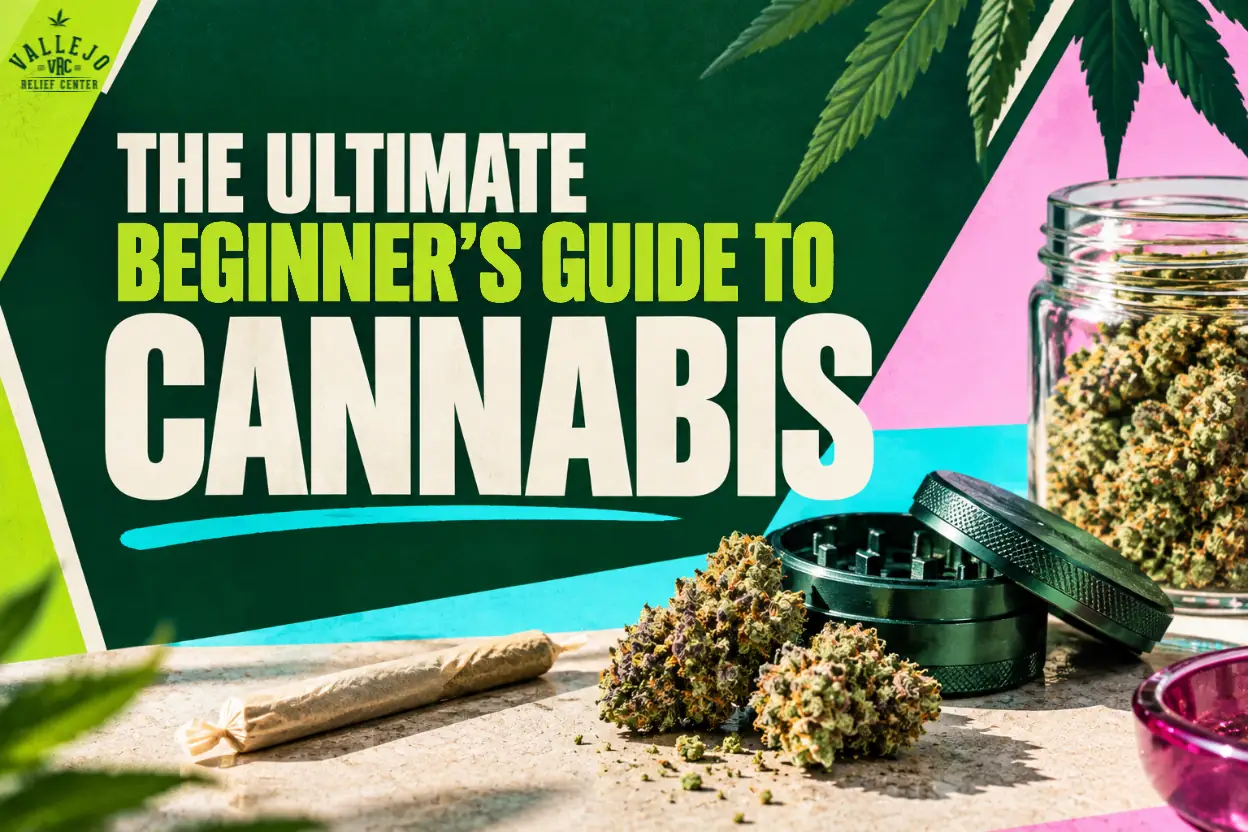 vrc-ultimate-beginners-guide-to-cannabis-hero-image Cannabis buds beside an open grinder, a pre-rolled cone, and a jar of flower on a sunlit counter for VRC’s beginner’s guide to cannabis