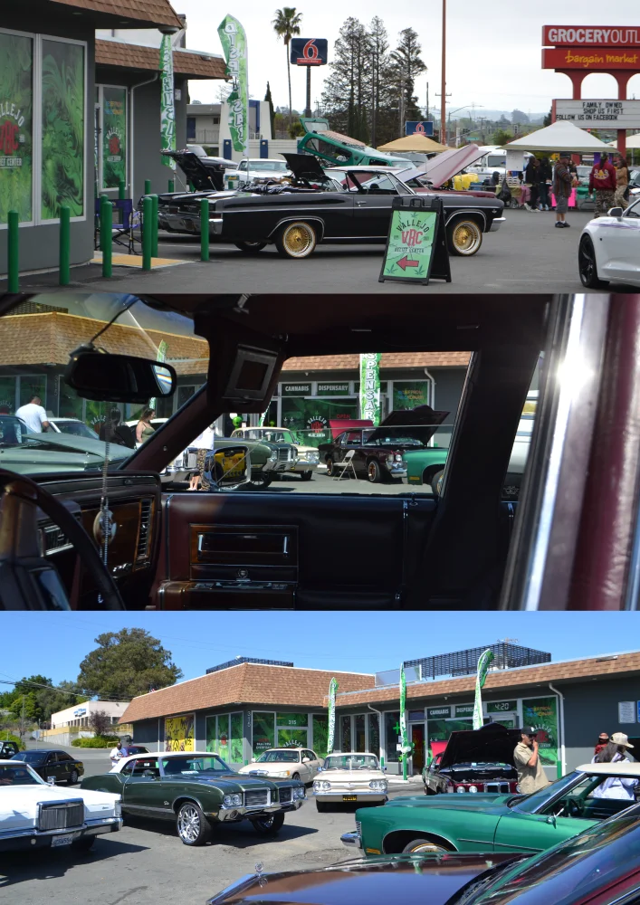 Lowrider car show collage outside Vallejo Relief Center during a 4/20 event in Vallejo CA