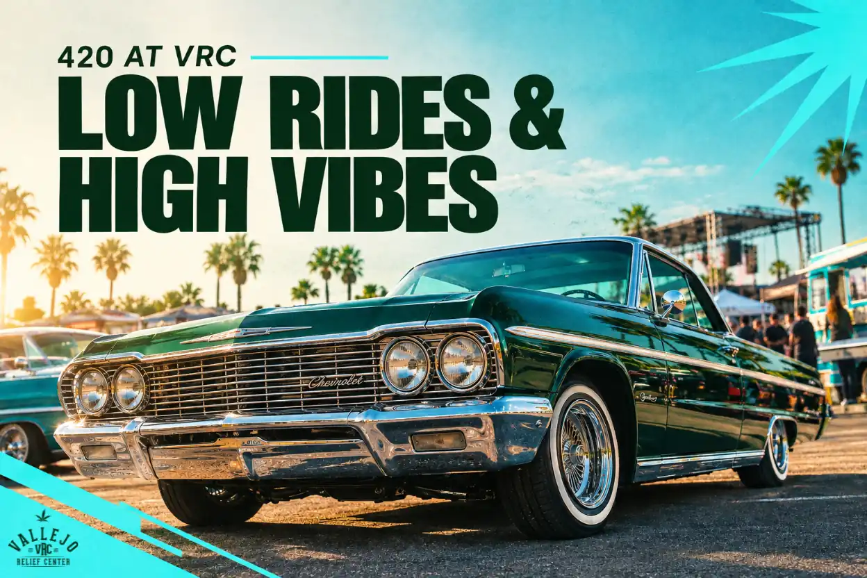 Glossy green vintage Chevrolet lowrider with chrome wheels at a palm-lined car show, promoting 420 at VRC