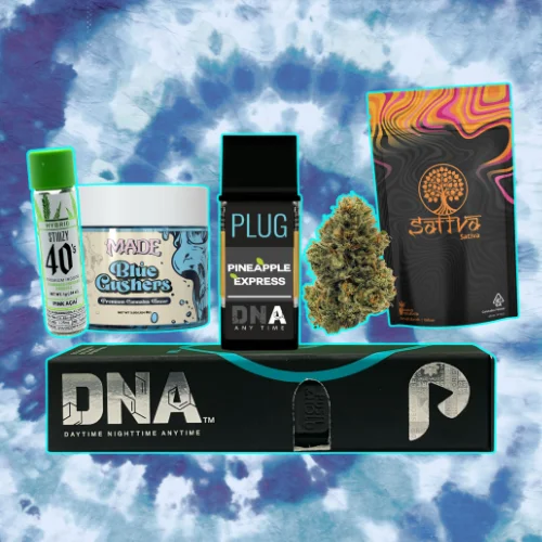 Vallejo Relief Center cannabis products including STIIIZY pre-rolls, MADE Blue Gushers flower, Plug Play Pineapple Express vape, and sativa cannabis flower from DNA brands.