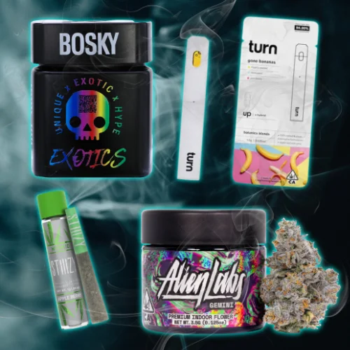 Vallejo Relief Center cannabis selection featuring Bosky Exotics flower, Turn disposable vape, STIIIZY pre-rolls, and Alien Labs indoor flower buds.