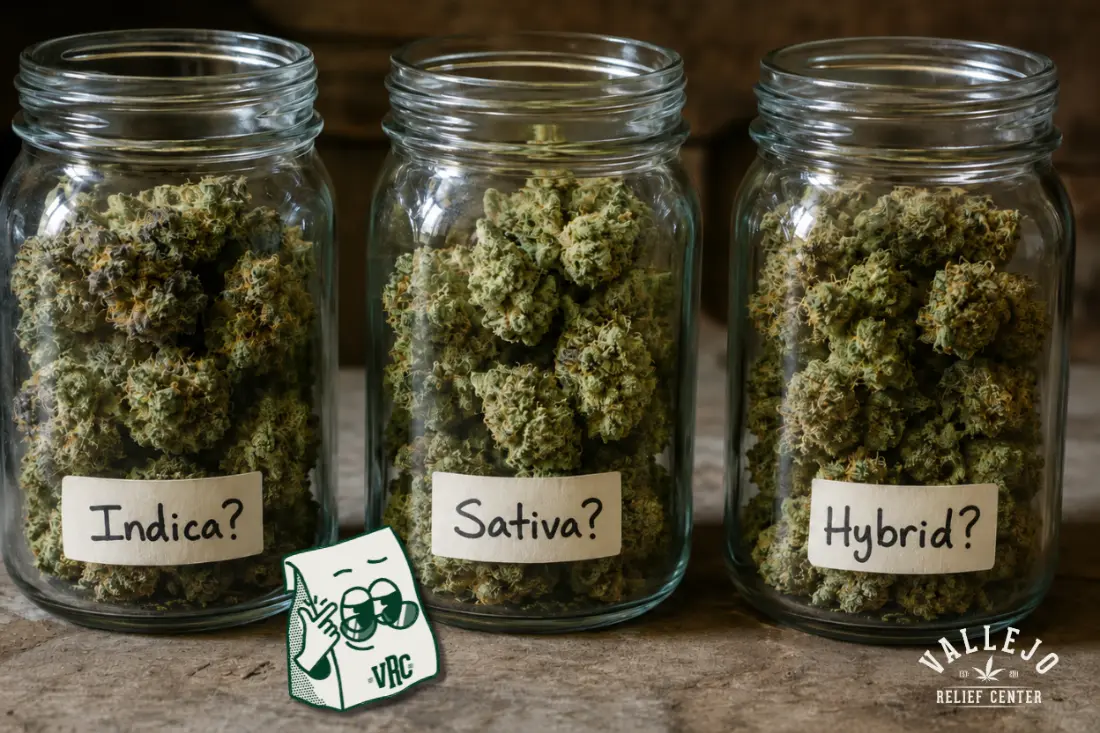 Three glass jars of cannabis flower labeled Indica? Sativa? Hybrid? with VRC's mascot, Baggie at Vallejo Relief Center in Vallejo CA, showing if Indica vs Sativa vs Hybrid still matters