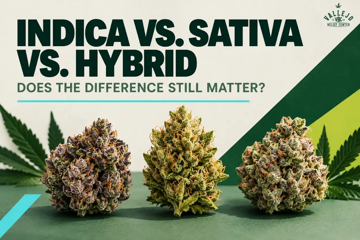 Three cannabis buds in purple, bright green, and frosty tones lined up on a green surface for VRC’s indica vs. sativa vs. hybrid guide