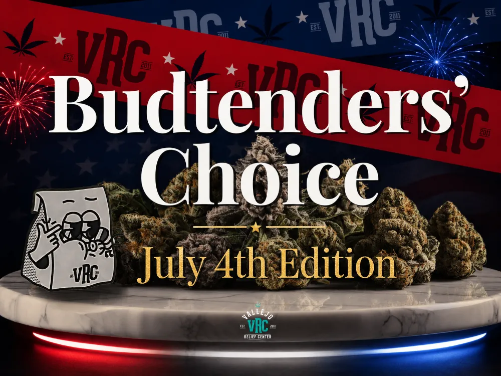 VRC Budtenders’ Picks for July 4th on cannabis products with patriotic red and navy banners, fireworks, stars, VRC mascot, and marijuana buds on a marble platform.