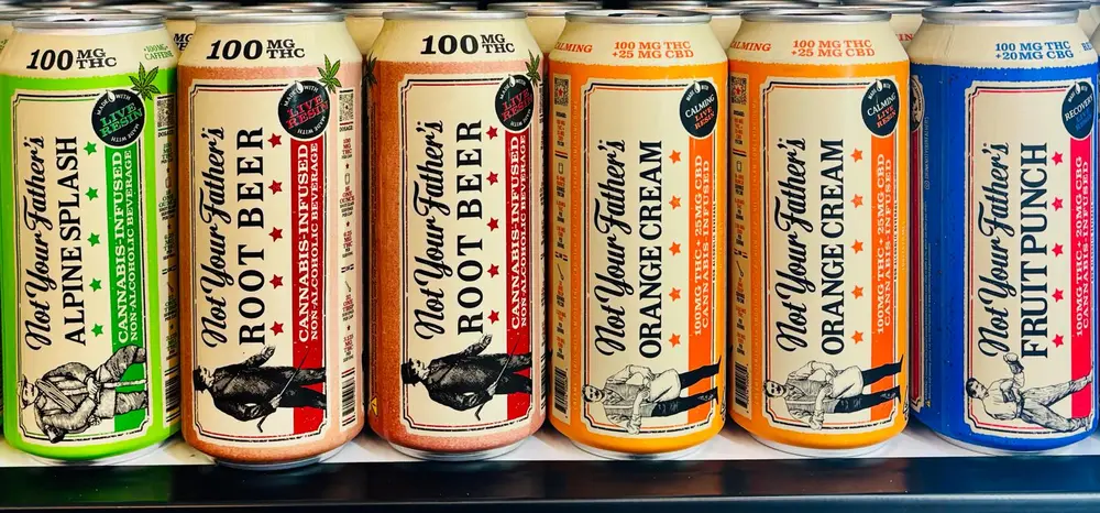 Not Your Father's cannabis-infused drinks lineup at Vallejo Relief Center: Alpine Splash, Root Beer, Orange Cream, and Fruit Punch, all 100mg THC.