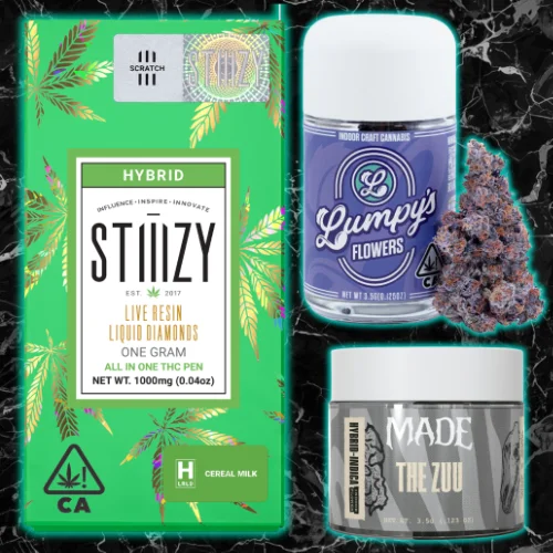 homepage-specials-slider-everyday-july-2026 VRC everyday deals featuring STIIIZY Live Resin Liquid Diamonds Cereal Milk hybrid pen, Lumpy's Flowers craft cannabis, and MADE The Zuu