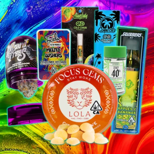 homepage-specials-slider-fridays-june-2026 Featured Friday cannabis products at Vallejo Relief Center including Lola Focus Gems, Alien Labs Cold Chain vape, Connected Cold Chain vape, Sluggers Hit vape, Fidels Melted Gushers, and Wizard Trees flower in Vallejo, California.