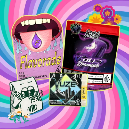 homepage-specials-slider-wednesdays-june-2026 Featured Wednesday cannabis products at Vallejo Relief Center including Flavorade vape cartridges, Smoken Promises Violet Dreamsicle flower, Vuze live resin vape, and weekly cannabis specials in Vallejo, California.