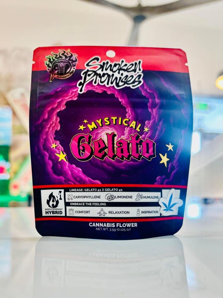 Smoken Promises Mystical Gelato packaging featuring vibrant, dessert-inspired design with a dreamy, mystical aesthetic as part of the Budtenders' Picks for June